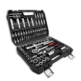 Angled view of the IRONVOLT 108-piece set showing sockets, bit sockets, ratchets and extensions.