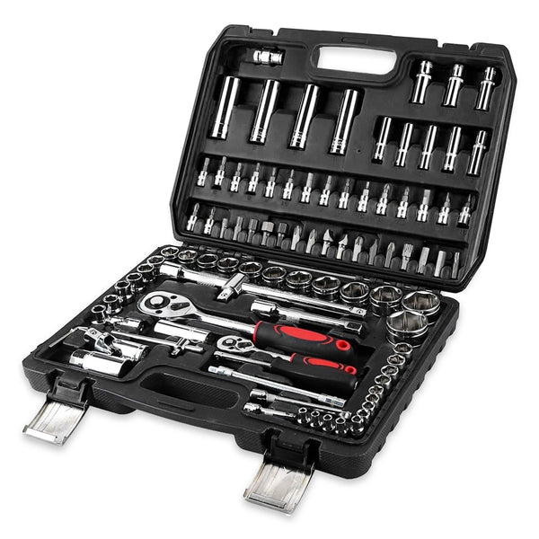 IRONVOLT 94-piece socket and ratchet set with red-and-black handles in an open black case.