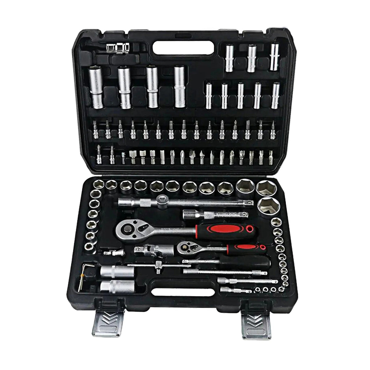 Overhead view of the IRONVOLT 94-piece set showing sockets, bits, ratchets and extensions in fitted slots.