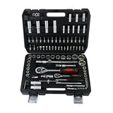Overhead view of the IRONVOLT 94-piece set showing sockets, bits, ratchets and extensions in fitted slots.