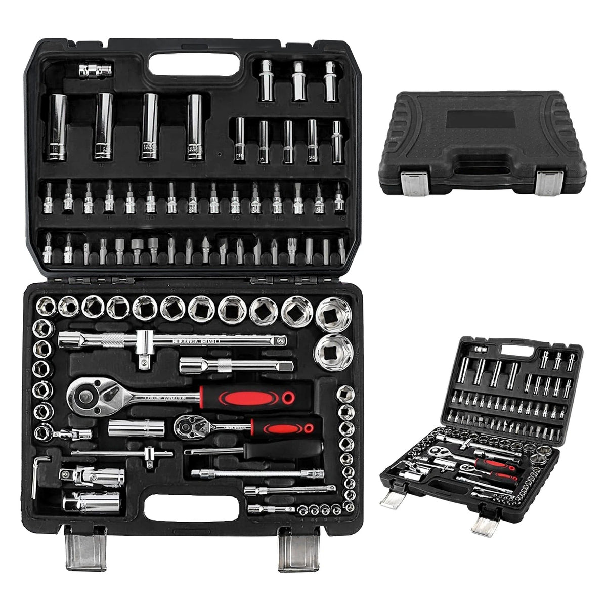 Front and angled views of the IRONVOLT 94-piece socket set alongside its closed carry case.