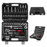 Front and angled views of the IRONVOLT 94-piece socket set alongside its closed carry case.