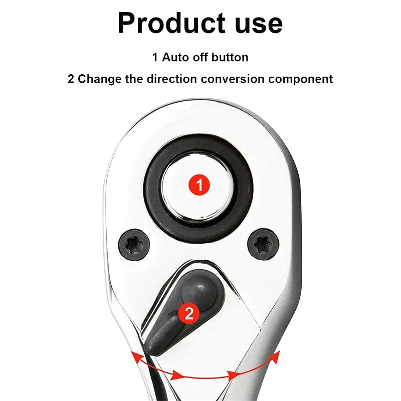 Ratchet head diagram identifying the socket release button and direction selector.