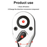 Ratchet head diagram identifying the socket release button and direction selector.