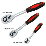 Three IRONVOLT ratchets with red-and-black handles labelled ½, ⅜ and ¼-inch drive.