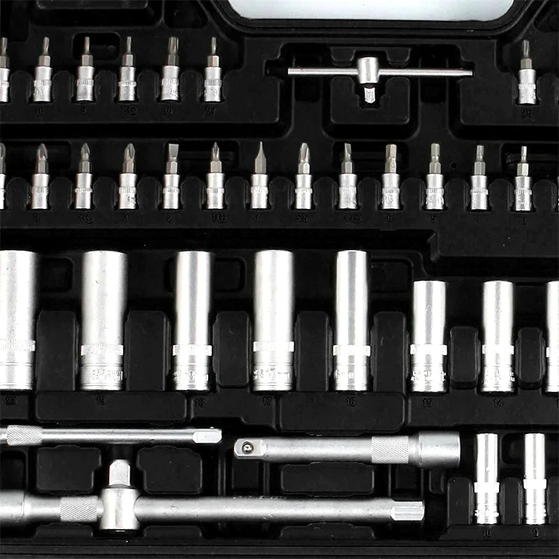 Close-up of bit sockets, deep sockets and sliding T-bars in the IRONVOLT 172-piece tool case.