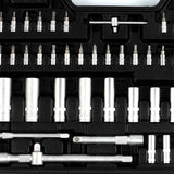 Close-up of bit sockets, deep sockets and sliding T-bars in the IRONVOLT 172-piece tool case.